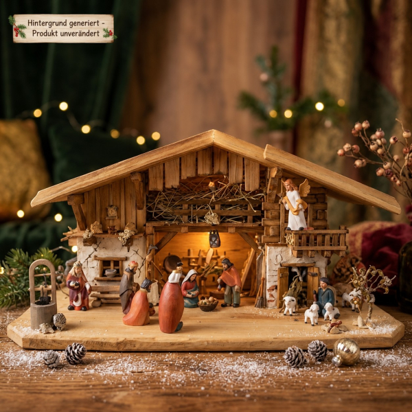 Festliche Weihnachtskrippe Aicha inkl. 15 tlg. Figurensatz ETA 2 - Maße Krippe ca. 69 x 29 x 34 cm